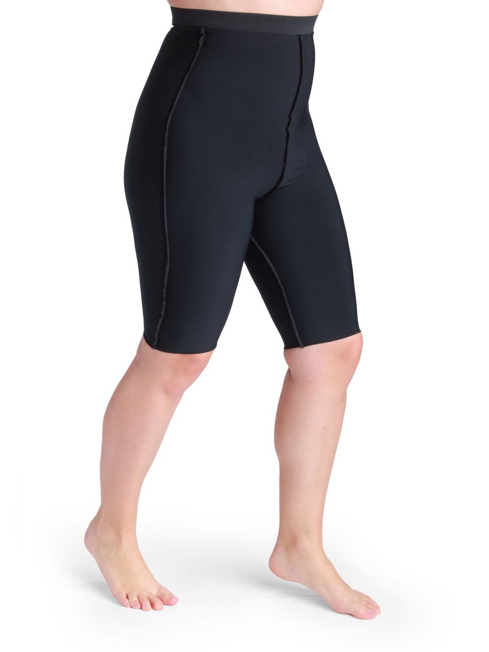 Female wearing sigvaris MCE compreshort shorts inelastic compression garment in black