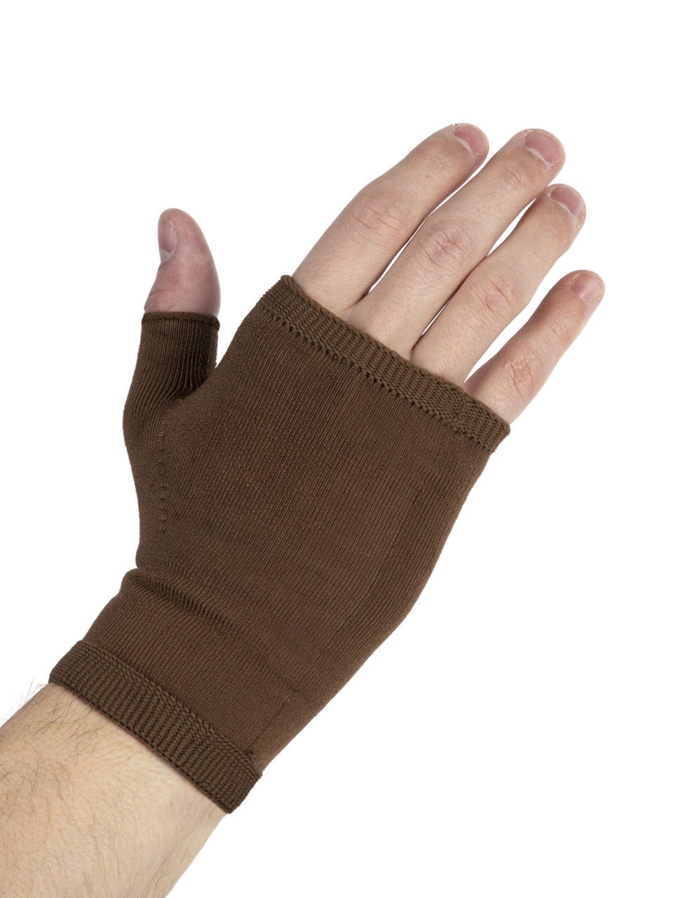Man wearing Sigvaris Secure compression Gauntlet in color Cocoa