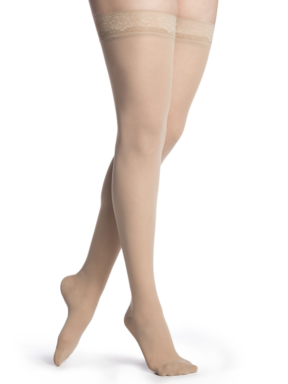Female wearing STYLE MEDIUM SHEER compression thigh highs in HONEY